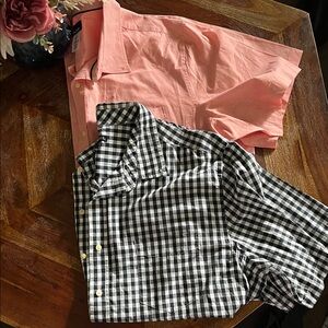 Salmon Pink and Navy Blue and White Gingham Button-Up Shirts
